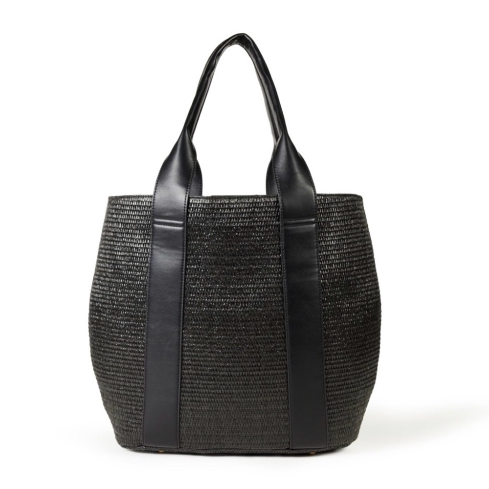 The Drop Black Woven Tote Bag with Leather Trim